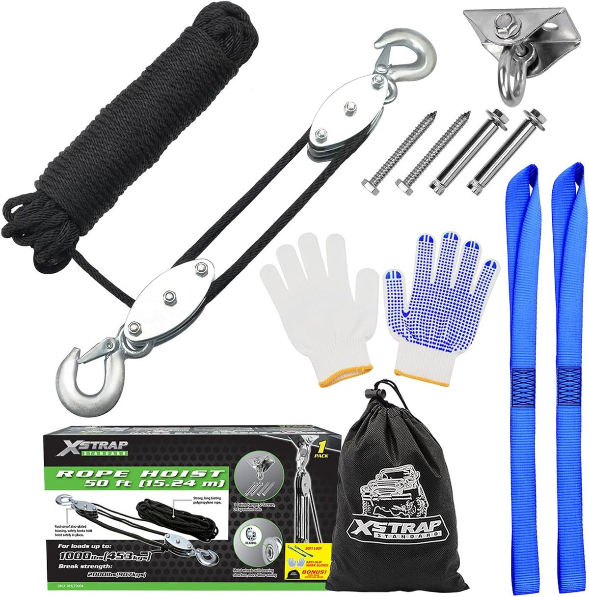 AHLT0004 Rope Hoist Pulley System, 1000LB Capacity Block and Tackle 1000 Working Load, 2000 LB Break Strength, 50 FT Rope Hoist with 2 Soft Loops for Garage, Hunting & DIY Attic Lift