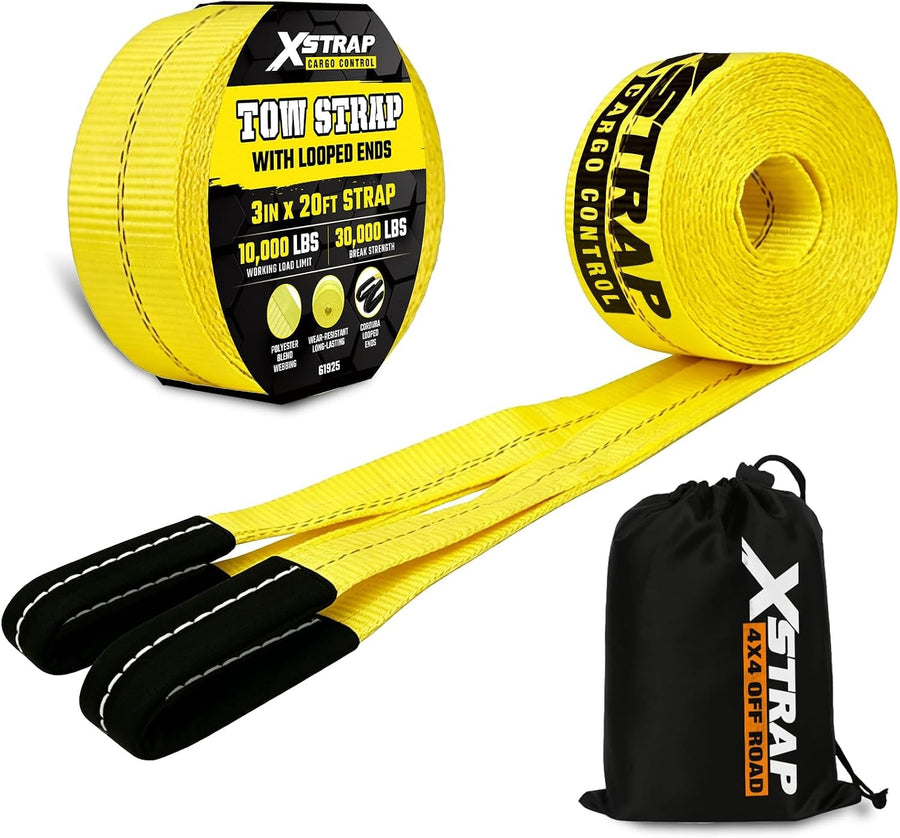 XS61907 Heavy Duty 3" x 20ft Recovery Snatch Truck Tow Strap 30000 Lb Break Strength, Abrasion Sleeve & Triple Reinforced Loops, Emergency Towing Strap for Off-Road, SUV and Jeep