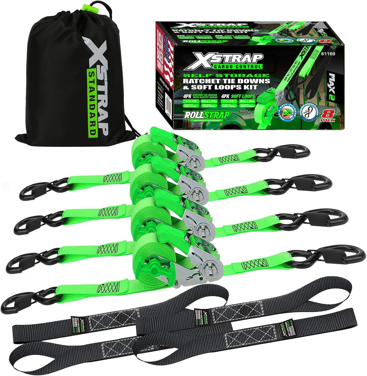 X61169 4-PK 1" x 15ft Self-Storing Ratchet Tie Down Straps, Green 1500 lbs Break Strength Hand Crank Cargo Straps with Soft Loops & Safety S Hooks for Truck Trailer Motorcycle Van ATV UTV