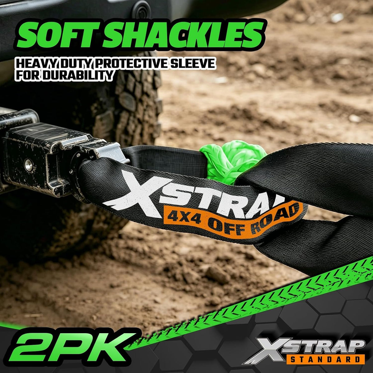 XS16094-Green Soft Shackle 2 Pack - 1/2” x 22” 46000 Lbs Tow Recovery, Synthetic Shackle Rope, Heavy Duty Recovery Gear for Towing, Winch, Jeep, ATV, UTV, Truck, Off-Road (Green)