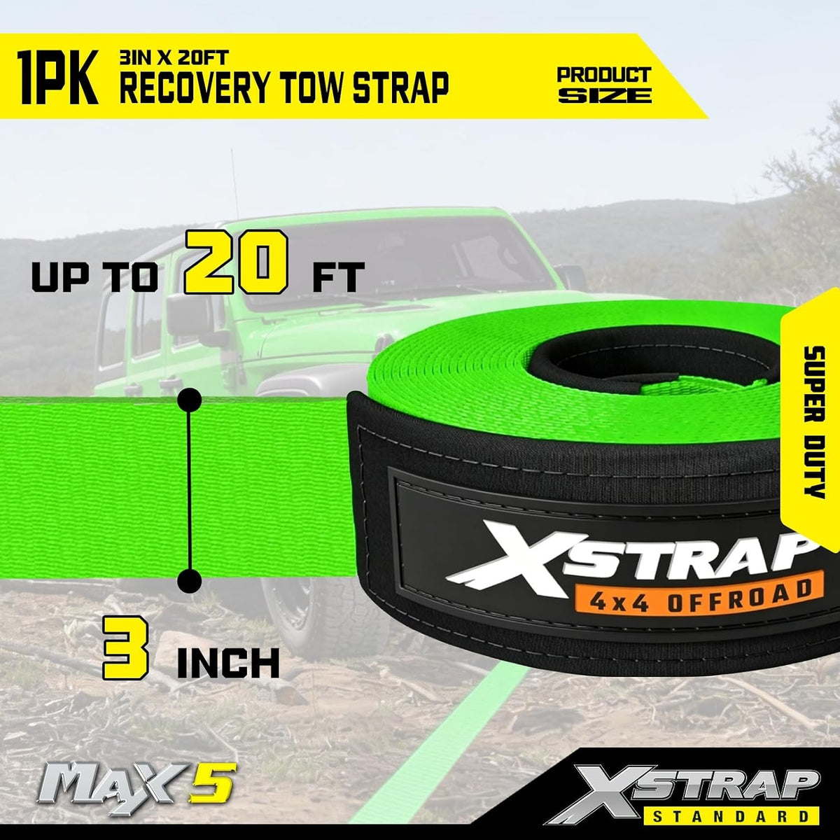 XS61934 Heavy Duty 3" x 20ft Recovery Snatch Truck Tow Strap 30000 Lb Break Strength, Abrasion Sleeve & Triple Reinforced Loops, Emergency Towing Strap for Off-Road, SUV and Jeep