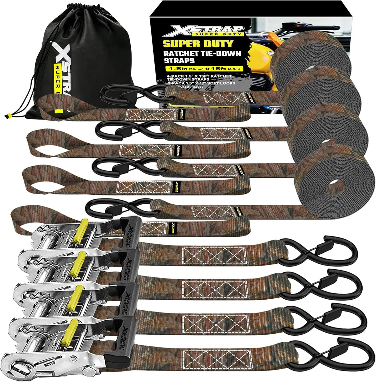 XS61691 Super Duty Ratchet Tie Down Straps, 4-Pack 1.5" x 15ft 5000 Lbs Breaking Strength with Safety S-Hooks & 4 of 17" Soft Loops, Black Cargo Straps for Motorcycle, ATV, UTV and Trucks