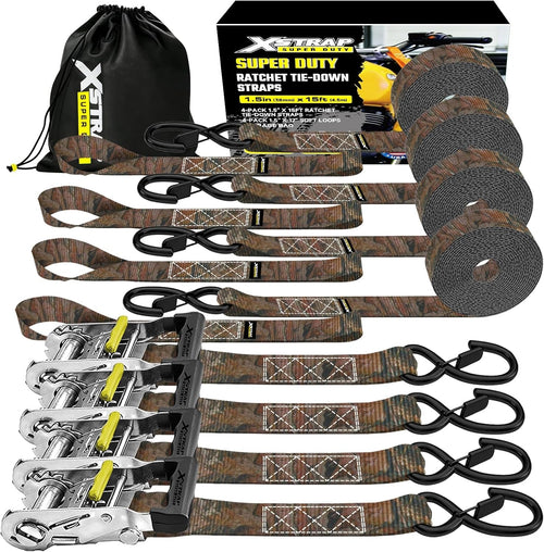 XS61691 Super Duty Ratchet Tie Down Straps, 4-Pack 1.5" x 15ft 5000 Lbs Breaking Strength with Safety S-Hooks & 4 of 17" Soft Loops, Black Cargo Straps for Motorcycle, ATV, UTV and Trucks