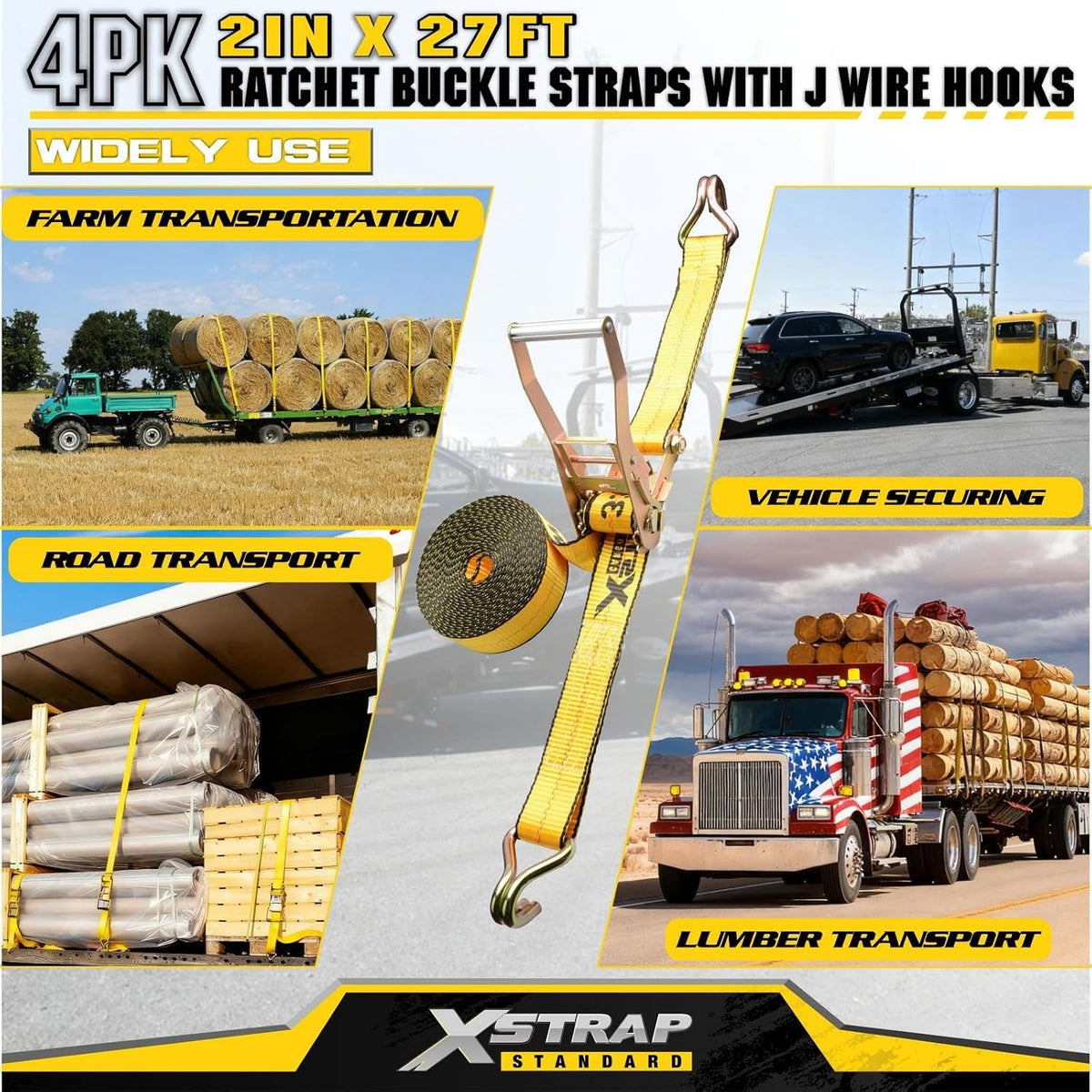 4PK Heavy Duty Ratchet Tie Down Straps 2" x 27' 10,000lbs WIth D J Hooks XS16096