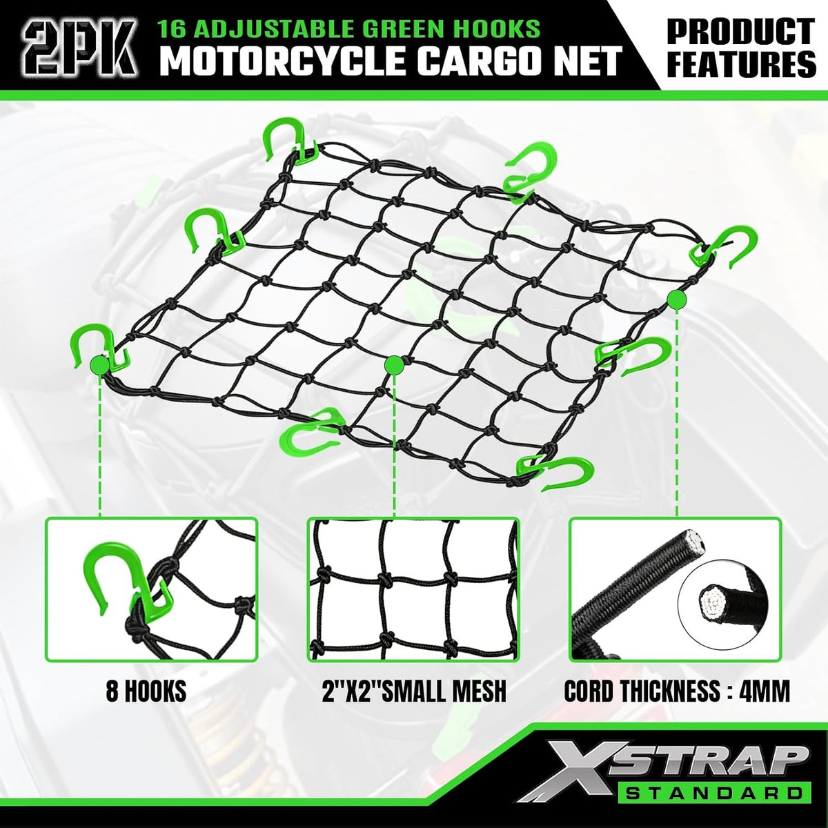 XS63559 2 Pack 15"x15" Motorcycle Cargo Nets with 16 Adjustable Hooks ﻿ Stretches up to 30"X30", 2"X2" Small Mesh Gear Helmet Net, Green Hooks for Motorcycle, Bike, ATV and Luggage Rack