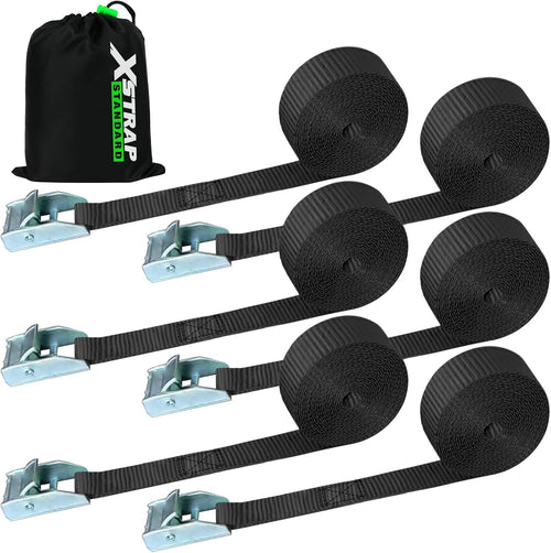 XS61090 Cambuckle Tie Down Strap 6-Pack 1"x12' Cargo Lashing Straps 1000 lb Break Strength 1-inch Powersports Tie Down with Carry Bag for Securing Luggage Motorcycles Trailer Rack Kayak, Black