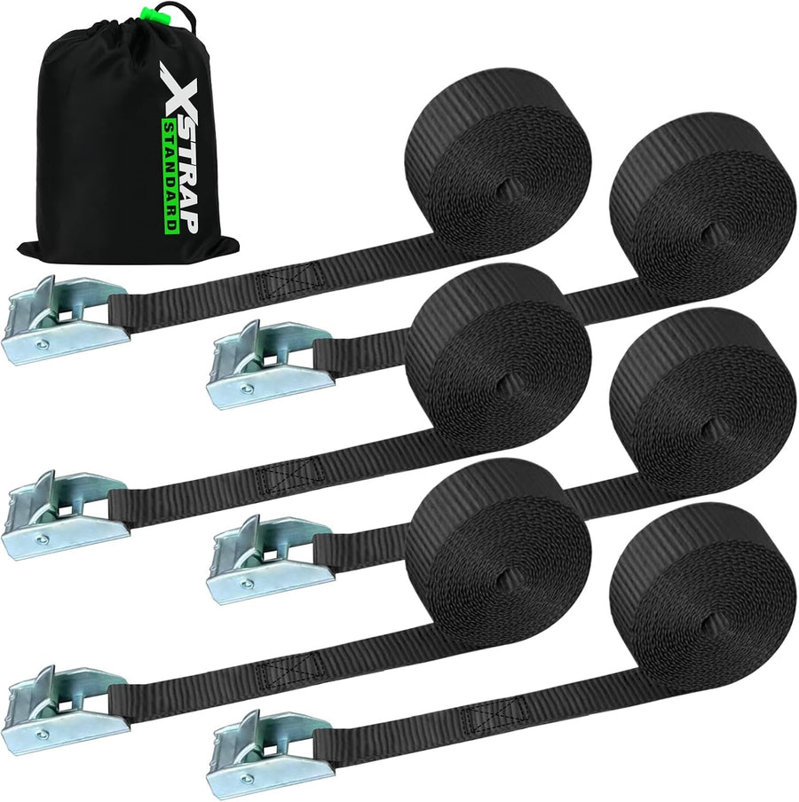 XS61090 Cambuckle Tie Down Strap 6-Pack 1"x12' Cargo Lashing Straps 1000 lb Break Strength 1-inch Powersports Tie Down with Carry Bag for Securing Luggage Motorcycles Trailer Rack Kayak, Black