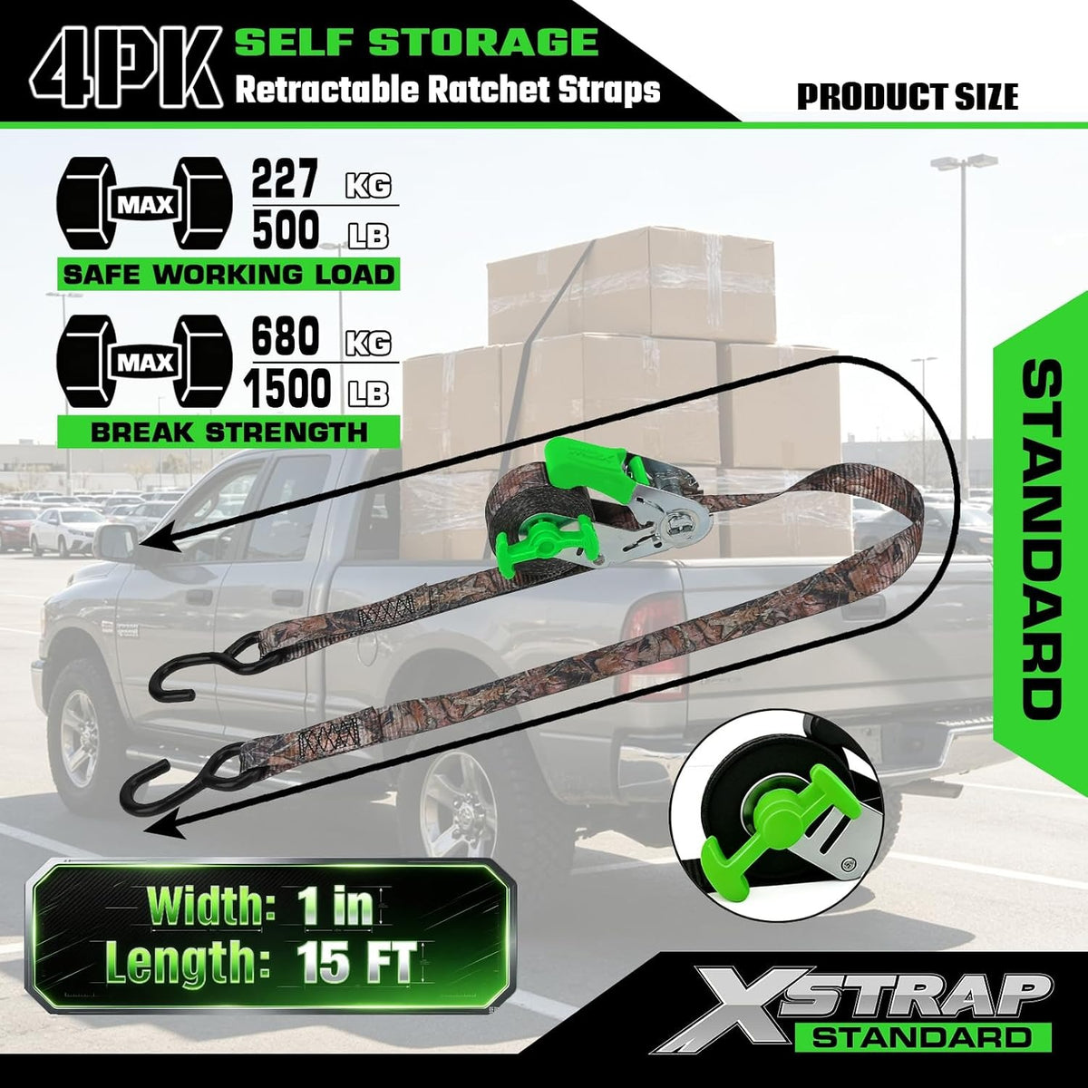 X61167 4-Pack 1" x 15ft Self-Storing Ratchet Tie Down Straps, Camo 1500 lbs Break Strength Hand Crank Cargo Straps with S Hooks for Truck Trailer Pickups Motorcycle Van ATV UTV