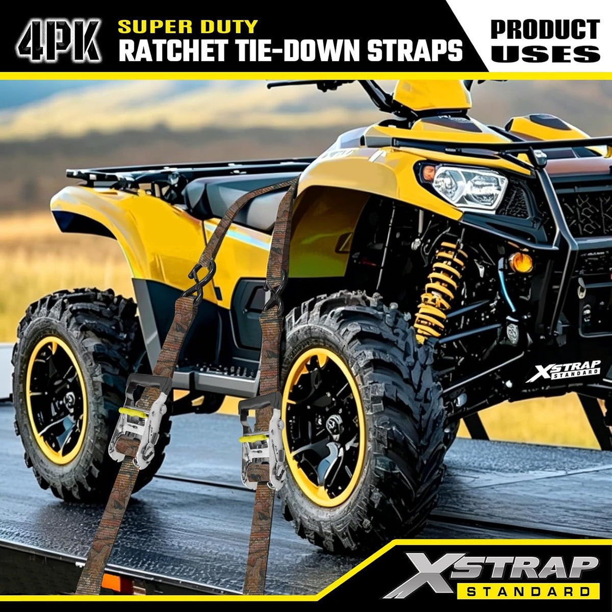 XS61691 Super Duty Ratchet Tie Down Straps, 4-Pack 1.5" x 15ft 5000 Lbs Breaking Strength with Safety S-Hooks & 4 of 17" Soft Loops, Black Cargo Straps for Motorcycle, ATV, UTV and Trucks