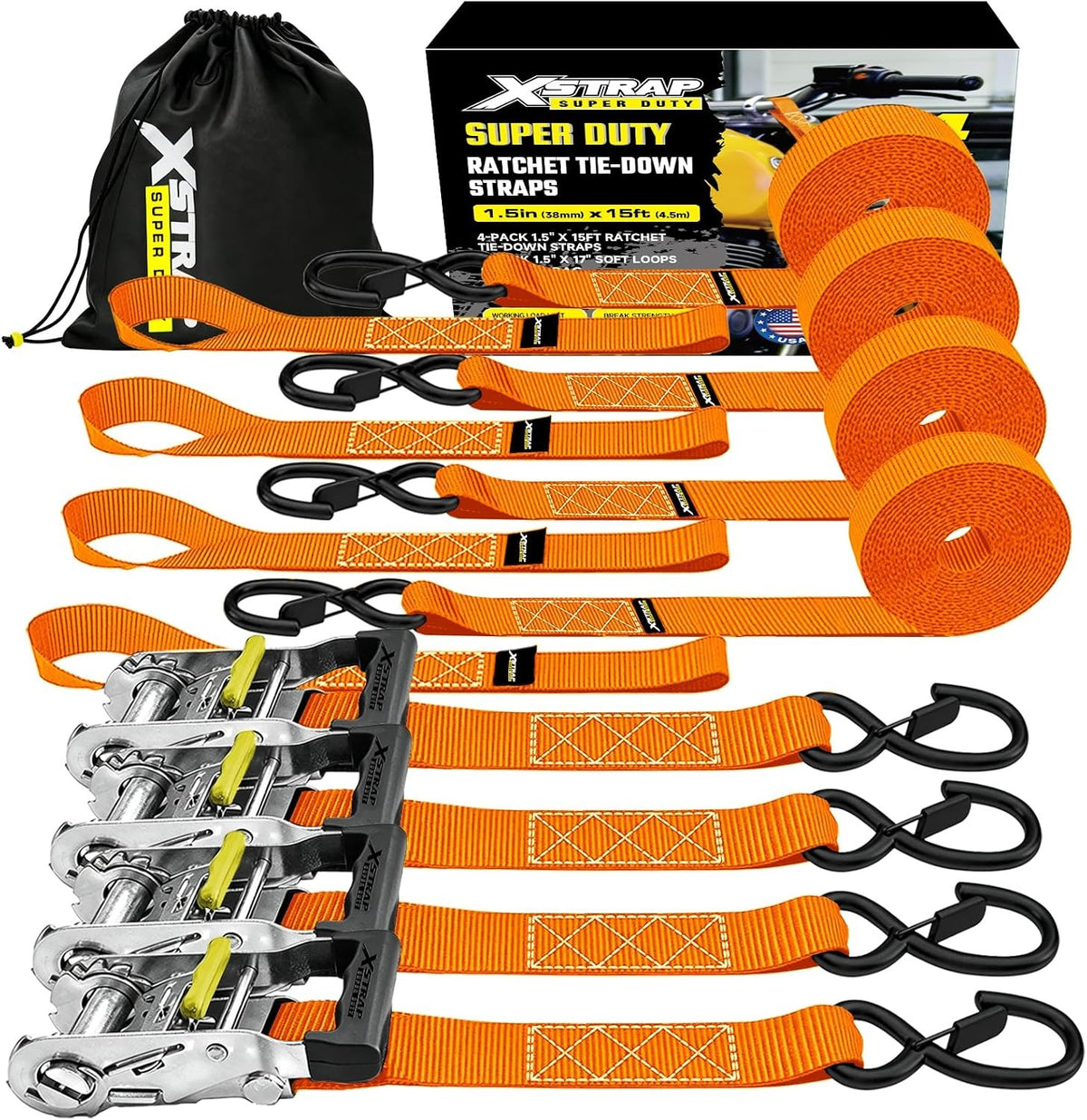 XS61690 Super Duty Ratchet Tie Down Straps, 4-Pack 1.5" x 15ft 5000 Lbs Breaking Strength with Safety S-Hooks & 4 of 17" Soft Loops, Black Cargo Straps for Motorcycle, ATV, UTV and Trucks