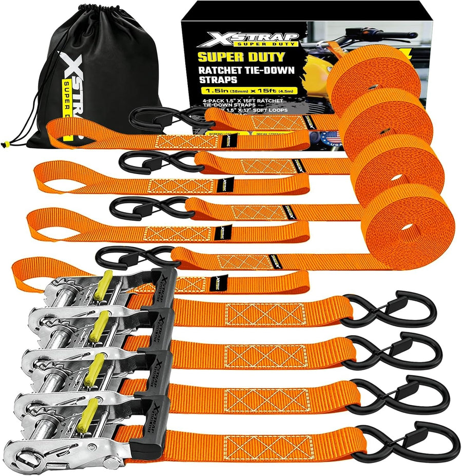 XS61690 Super Duty Ratchet Tie Down Straps, 4-Pack 1.5" x 15ft 5000 Lbs Breaking Strength with Safety S-Hooks & 4 of 17" Soft Loops, Black Cargo Straps for Motorcycle, ATV, UTV and Trucks