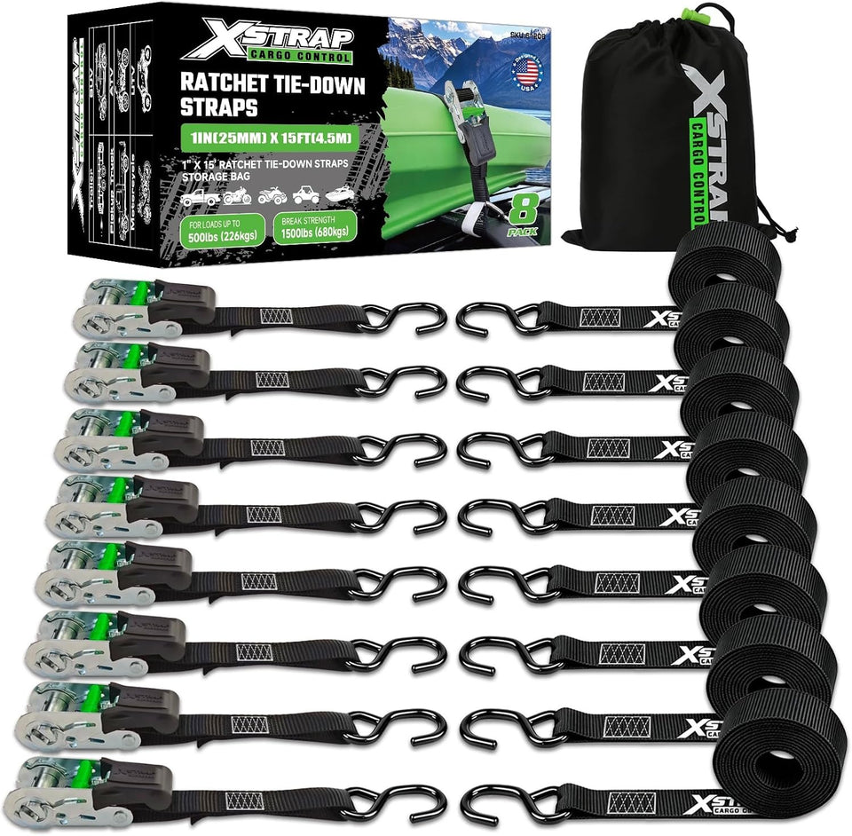 XS61206-Black  Ratchet Straps Motorcycle Tie Downs, 8-Pack 1" x 15FT，1500 Lbs Break Strength, Rubber Handle & Coated S-Hook Lashing Straps for Moving ATV Dirt Bike Cargo Trailer Lawn Equipment（副本）