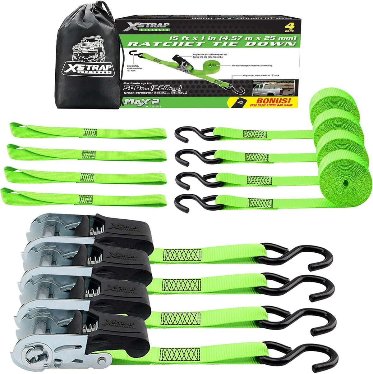 XS16019-2 4 Pack 1" x 15Ft Ratchet Tie Down Straps with 4 Soft Loops, 500Lbs Load Cap, 1500Lb Break Strength, Abrasion-Resist Webbing for Moving Appliances, Lawn Equipment & Motorcycle, Green