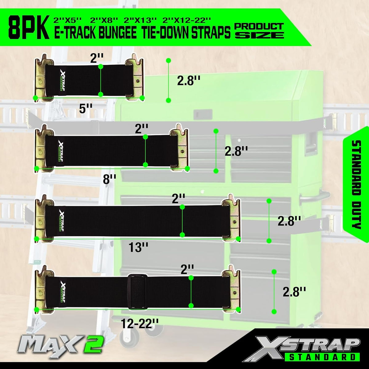 8 Pack E-Track Bungee Tie-Down Straps, Securing Straps Kit 5", 8", 12"-22", 13" Black Adjustable E-Track Straps, Secure Tools/Cargo to Trailer Walls, Trucks, Vans, Garages, Warehouses X63418