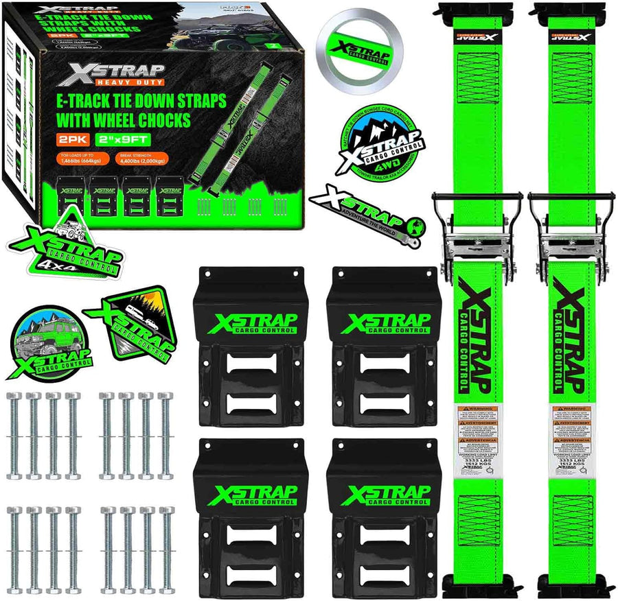 X61803 2-PK Wheel Chock E-Track Tie Down Straps Kit, 2"x9FT, Green 4,400lb Break Strength Over-The-Tire 4 Ratchet Straps with 8 Steel Wheel Chocks for ATV, UTV, Mower, Four Wheeler & Trailer