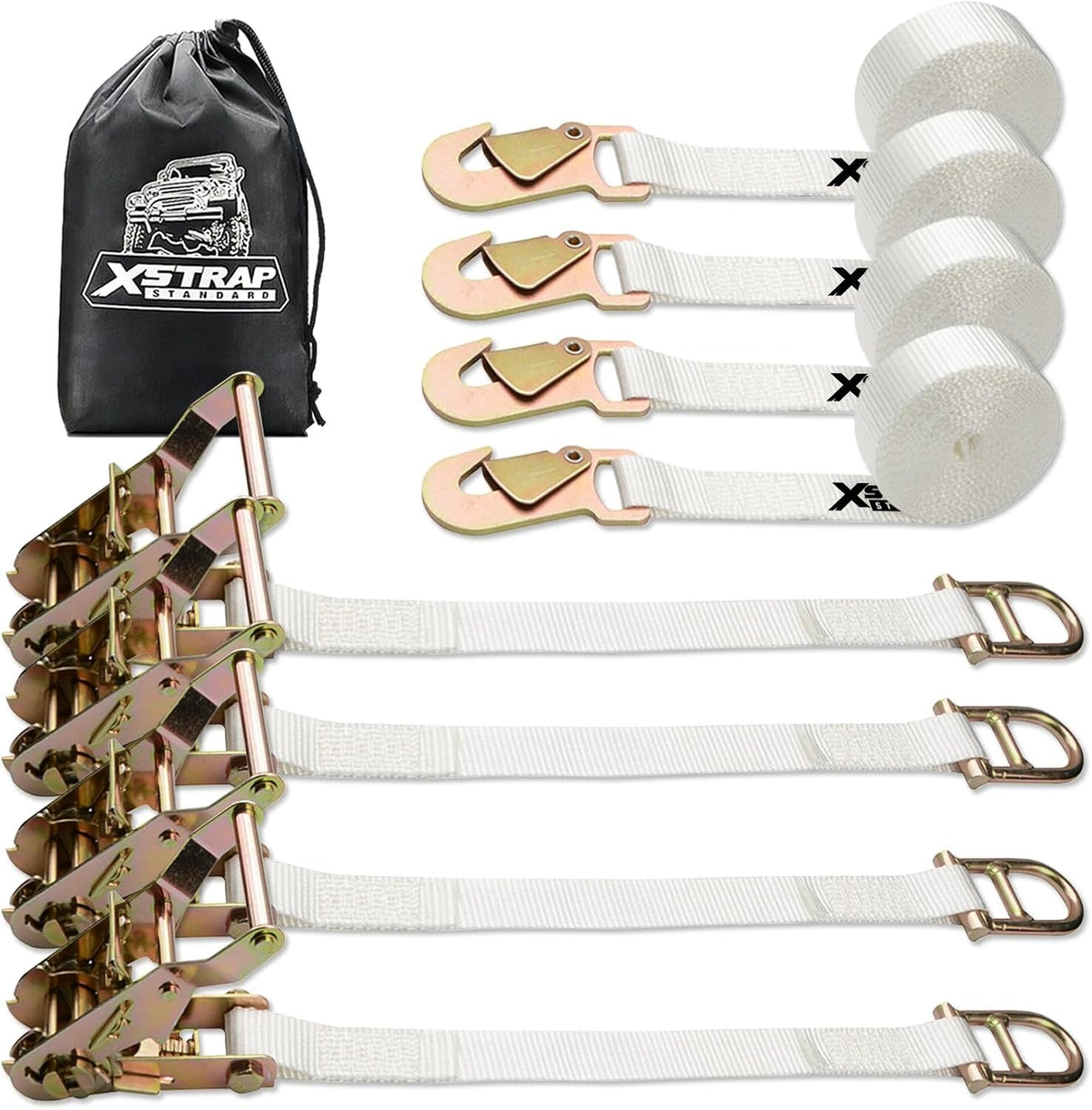 XS16098 4PK 12FT Ratchet Tie Down Tent Straps w/Snap Hook & D-Ring Heavy Duty 2500lbs Breaking Strength 1inch Tie Downs Secure Tents & Canopies for Camping/Events, Durable Polyester Webbing