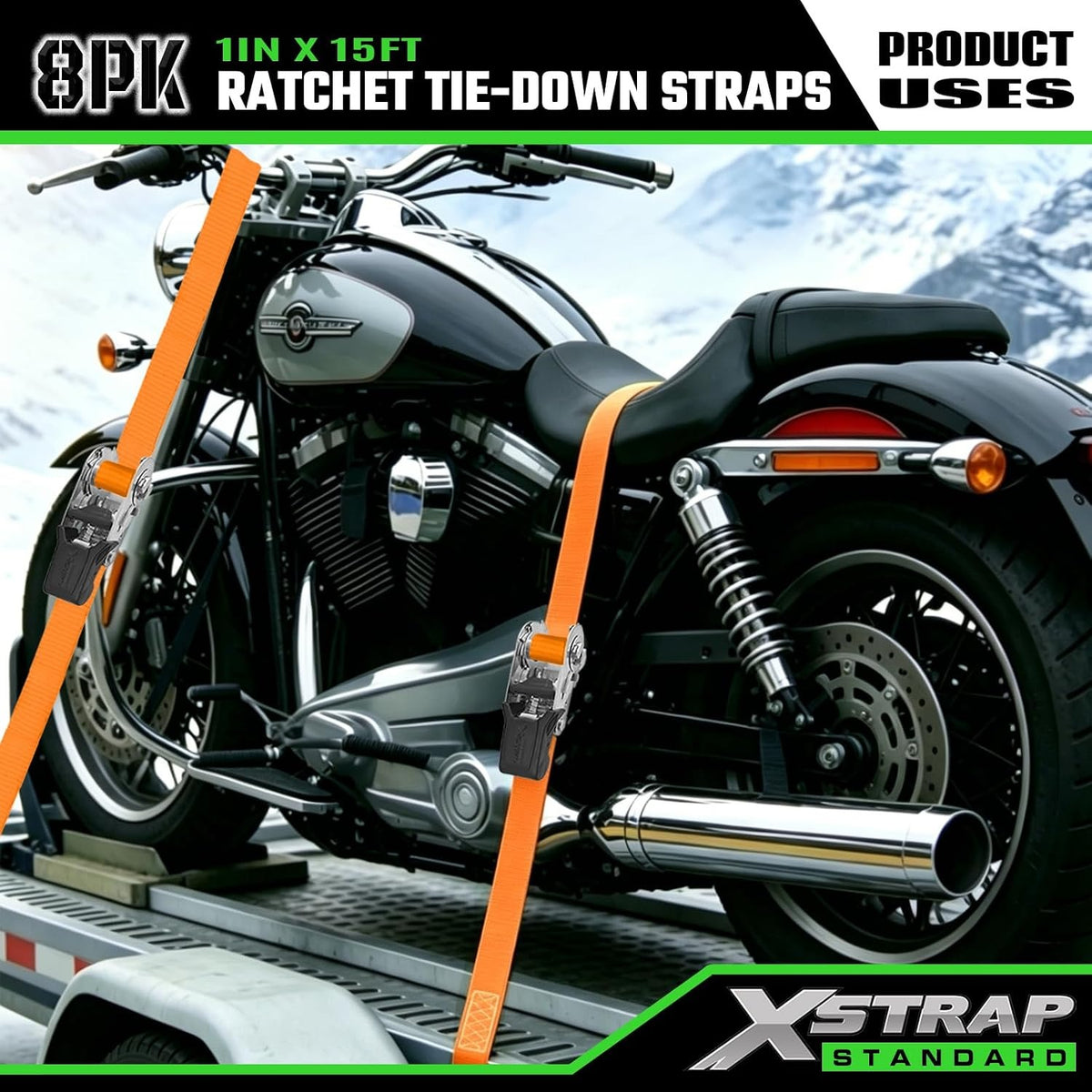 XS61206-Orange  Ratchet Straps Motorcycle Tie Downs, 8-Pack 1" x 15FT，1500 Lbs Break Strength, Rubber Handle & Coated S-Hook Lashing Straps for Moving ATV Dirt Bike Cargo Trailer Lawn Equipment（副本）
