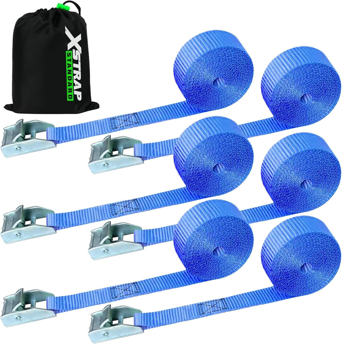 XS61091 Cambuckle Tie Down Strap 6-Pack 1"x12' Cargo Lashing Straps 1000 lb Break Strength 1-inch Powersports Tie Down with Carry Bag for Securing Luggage Motorcycles Trailer Rack Kayak, Blue