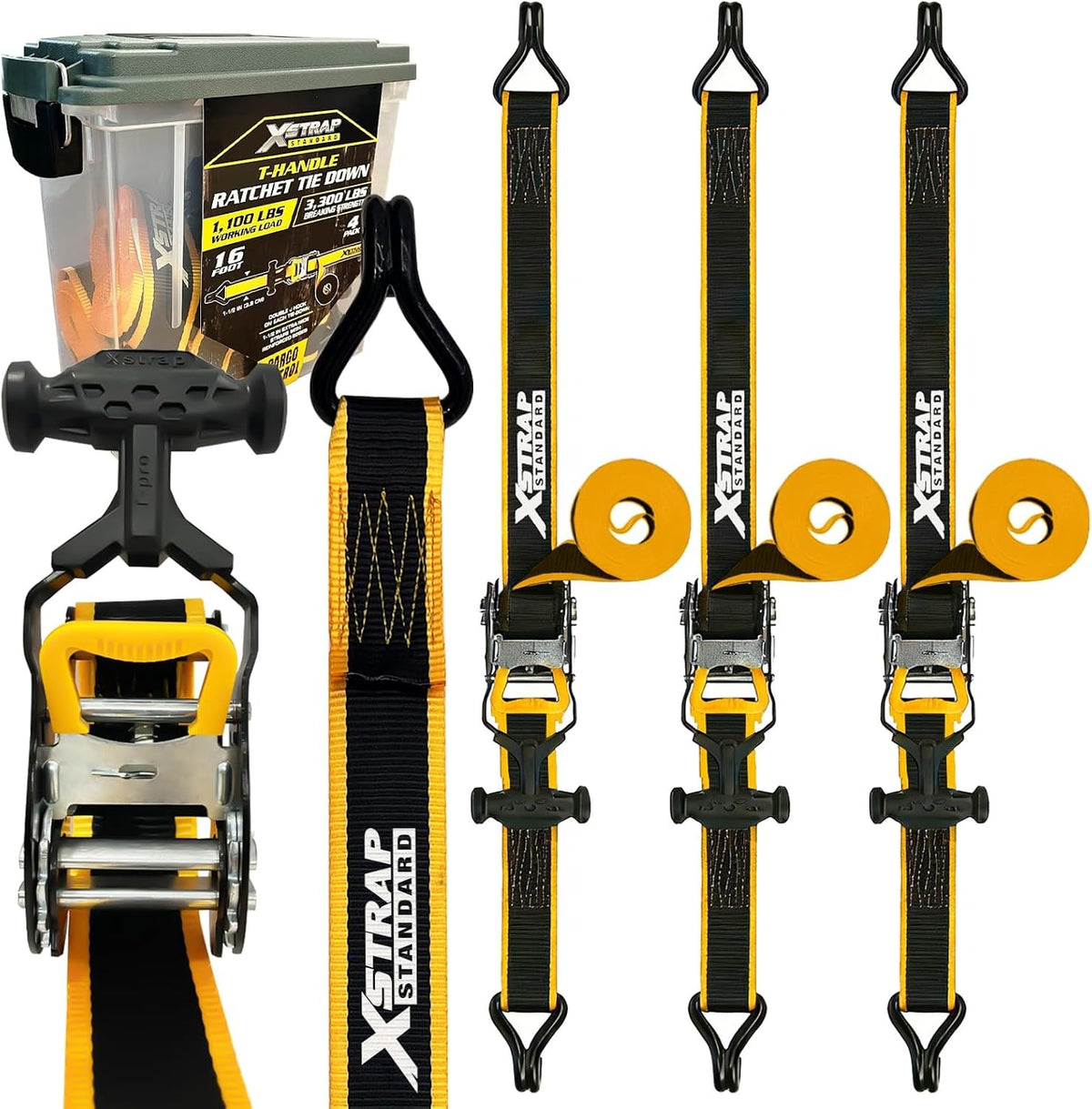4-Pack 1.5" x 16 ft Ratchet Tie-Down Straps with T-Handle & Storage Box