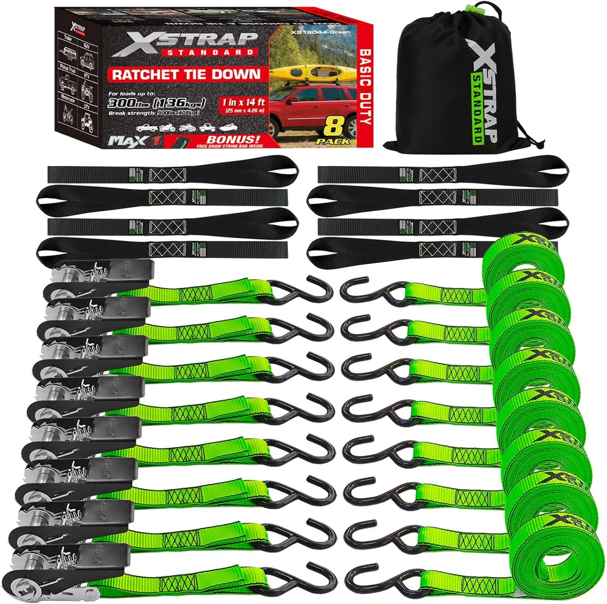 XS16044-Green 8-PK Ratchet Tie Down Straps, 1" x 10FT Cargo Straps, Black 900 Lbs Break Strength Securing Straps with S-Hook for UTV, ATV, Pickup,Truck, Moving Appliances, Lawn Equipment（副本）（副本）