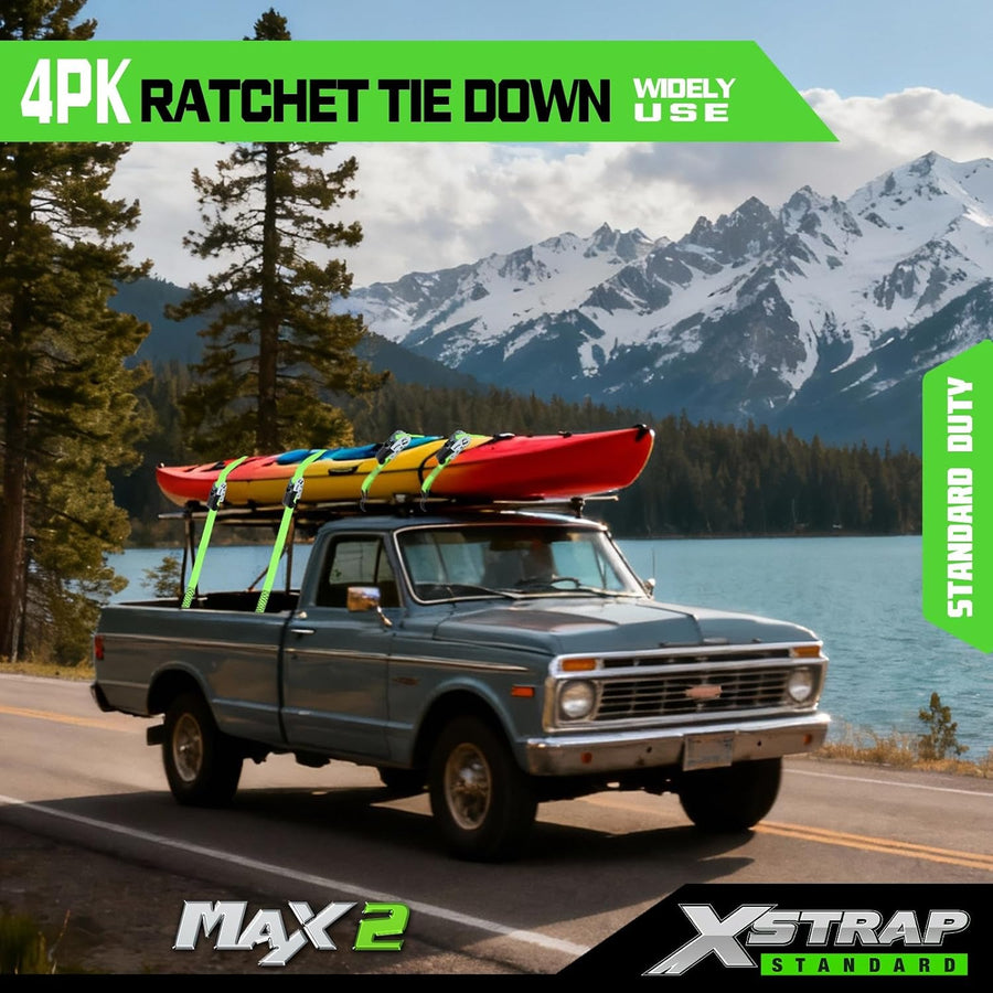 XS16019-2 4 Pack 1" x 15Ft Ratchet Tie Down Straps with 4 Soft Loops, 500Lbs Load Cap, 1500Lb Break Strength, Abrasion-Resist Webbing for Moving Appliances, Lawn Equipment & Motorcycle, Green
