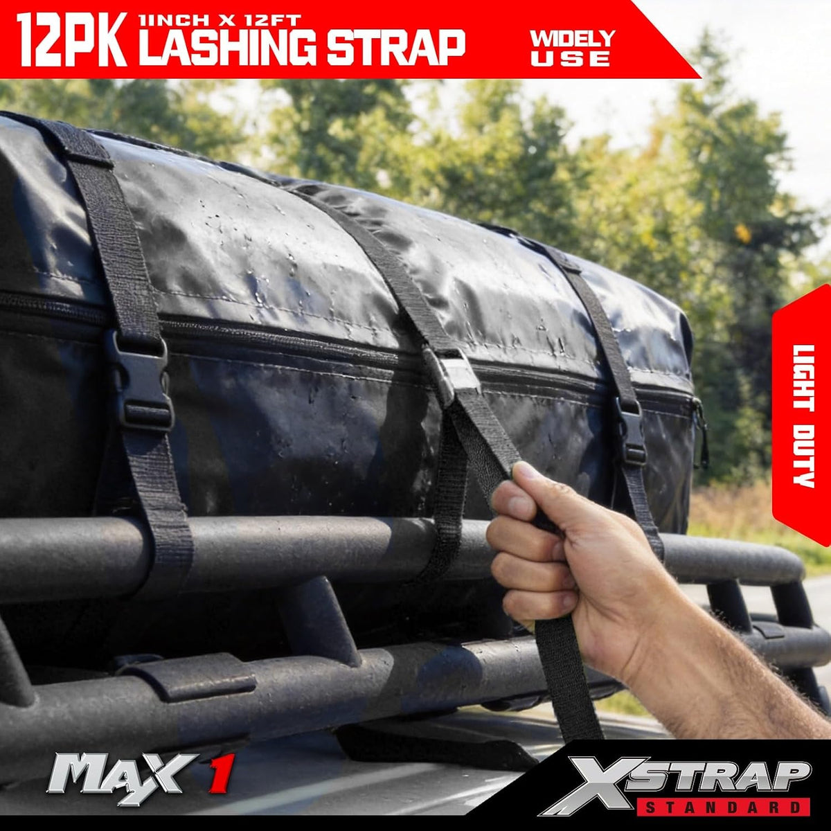 XS61093 Cambuckle Tie Down Strap 12-PK 1" x12' Cargo Lashing Straps 1000 lb Break Strength 1-inch Powersports Tie Down with Carry Bag for Securing Luggage Motorcycles Trailer Rack Kayak, Black