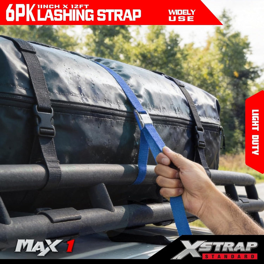 XS61091 Cambuckle Tie Down Strap 6-Pack 1"x12' Cargo Lashing Straps 1000 lb Break Strength 1-inch Powersports Tie Down with Carry Bag for Securing Luggage Motorcycles Trailer Rack Kayak, Blue