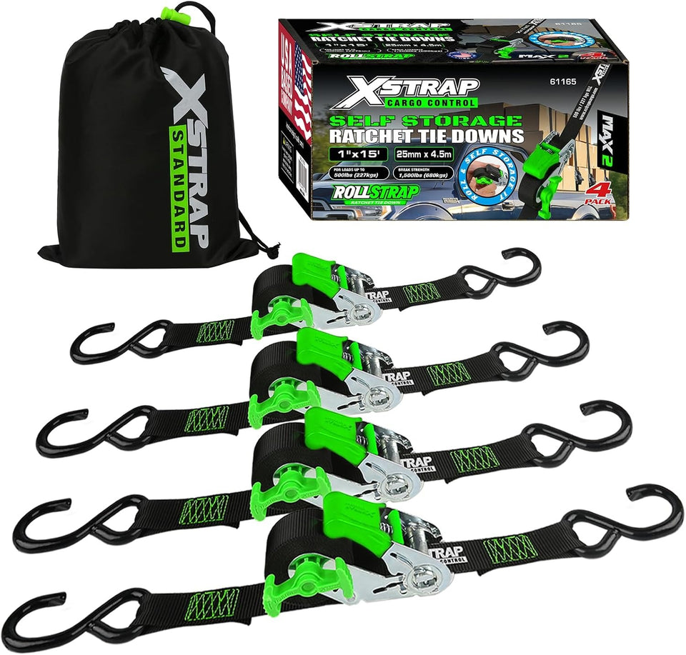 X61165 4-PK 1" x 15ft Self-Storing Ratchet Tie Down Straps, Black 1500 lbs Break Strength Hand Crank Cargo Straps with S Hooks for Truck Trailer Pickups Motorcycle Van ATV UTV