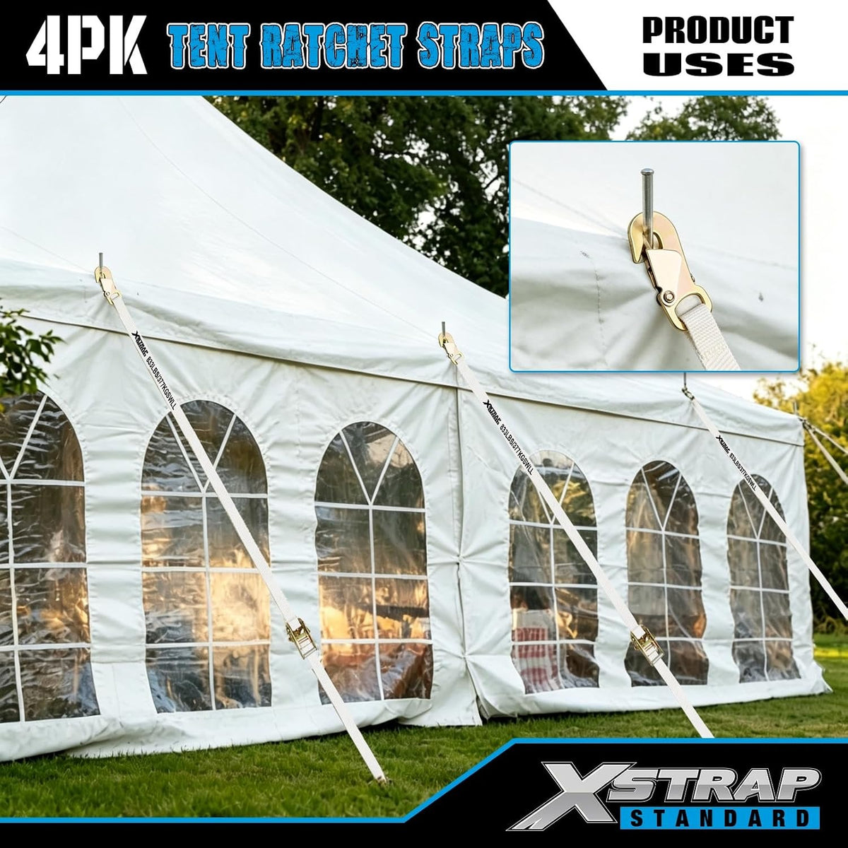 XS16098 4PK 12FT Ratchet Tie Down Tent Straps w/Snap Hook & D-Ring Heavy Duty 2500lbs Breaking Strength 1inch Tie Downs Secure Tents & Canopies for Camping/Events, Durable Polyester Webbing