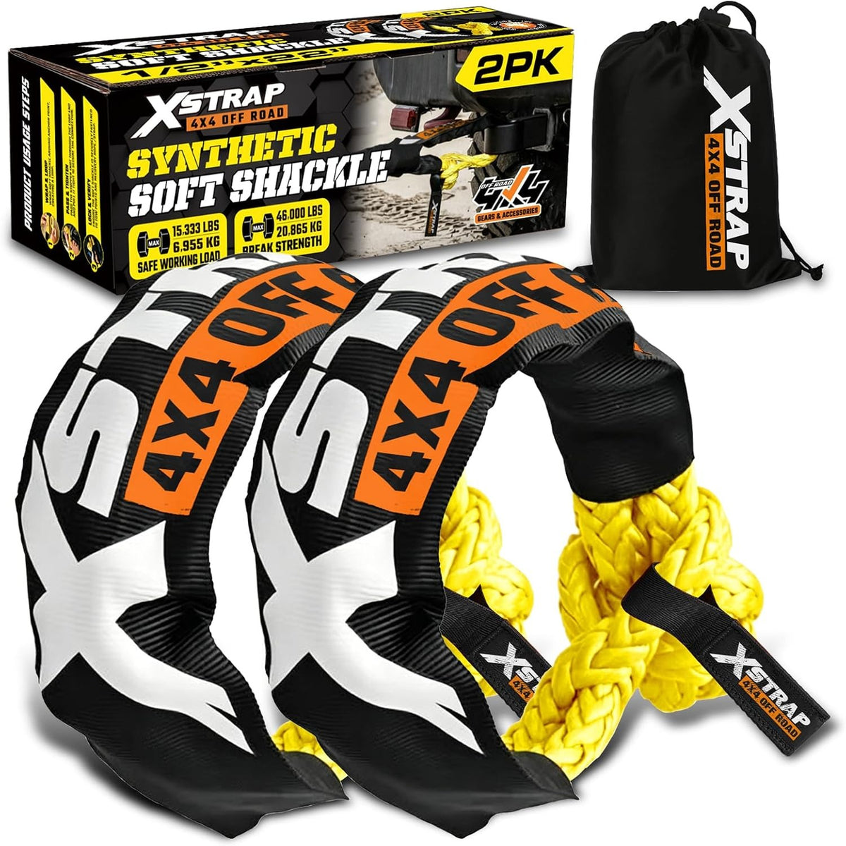 XS16094 Soft Shackle 2 Pack - 1/2” x 22” 46000 Lbs Tow Recovery, Synthetic Shackle Rope, Heavy Duty Recovery Gear for Towing, Winch, Jeep, ATV, UTV, Truck, Off-Road (Yellow)