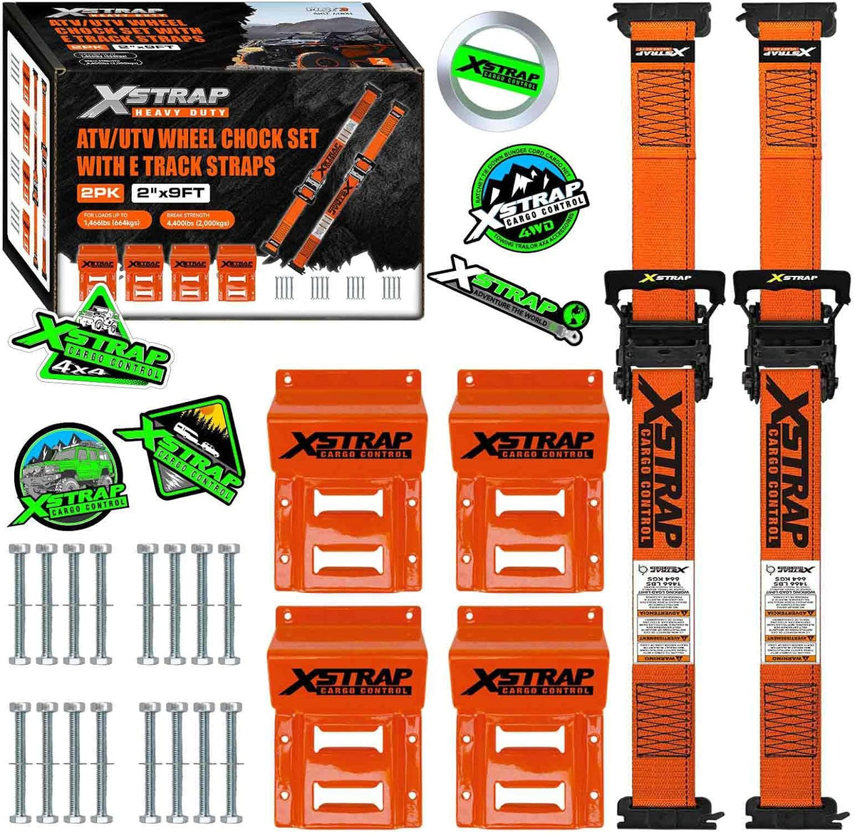 X61831 Wheel Chock E-Track Tie Down Straps Kit, 2-Pack, 2" x 9FT 4,400lb Break Strength Over-The-Tire 4 Ratchet Straps with 8 Steel Wheel Chocks for ATV, UTV, Mower, Four Wheeler & Trailer