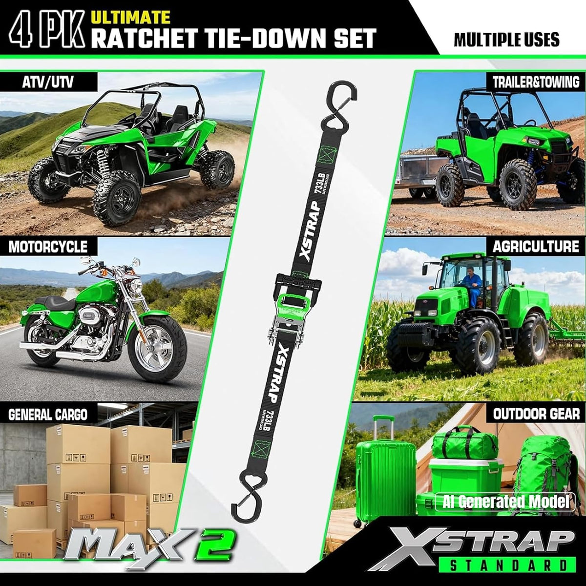 X61795B 4PK 1"x15ft Motorcycle Ratchet Tie Down Straps with S-Hooks 2,200 Lbs Break Strength Heavy Duty Padded Handles Ratchet Straps for Kayak Trailer ATV Truck and Moving, Black