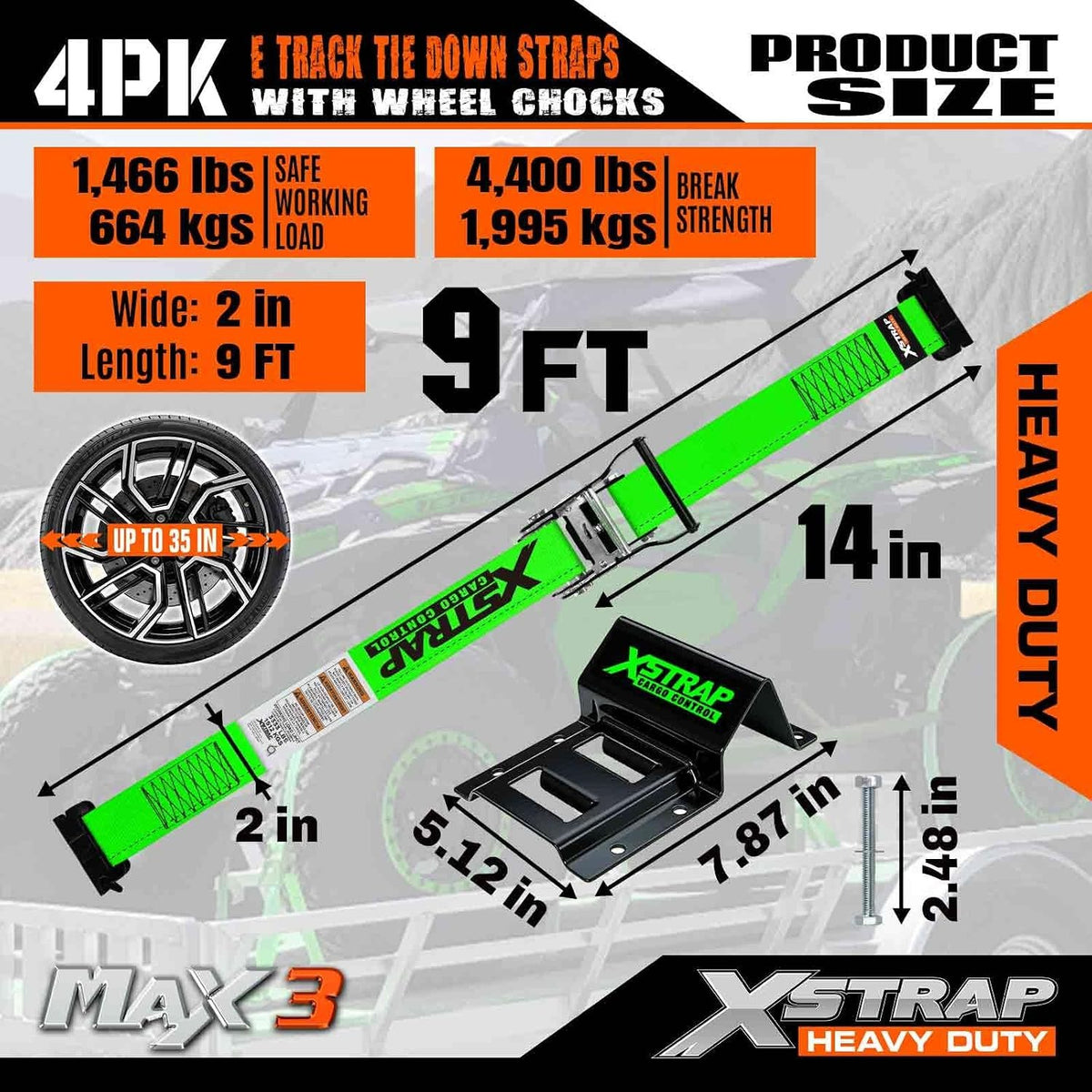 X61895 4-PK Wheel Chock E-Track Tie Down Straps Kit, 2"x9FT, Green 4,400lb Break Strength Over-The-Tire 4 Ratchet Straps with 8 Steel Wheel Chocks for ATV, UTV, Mower, Four Wheeler & Trailer