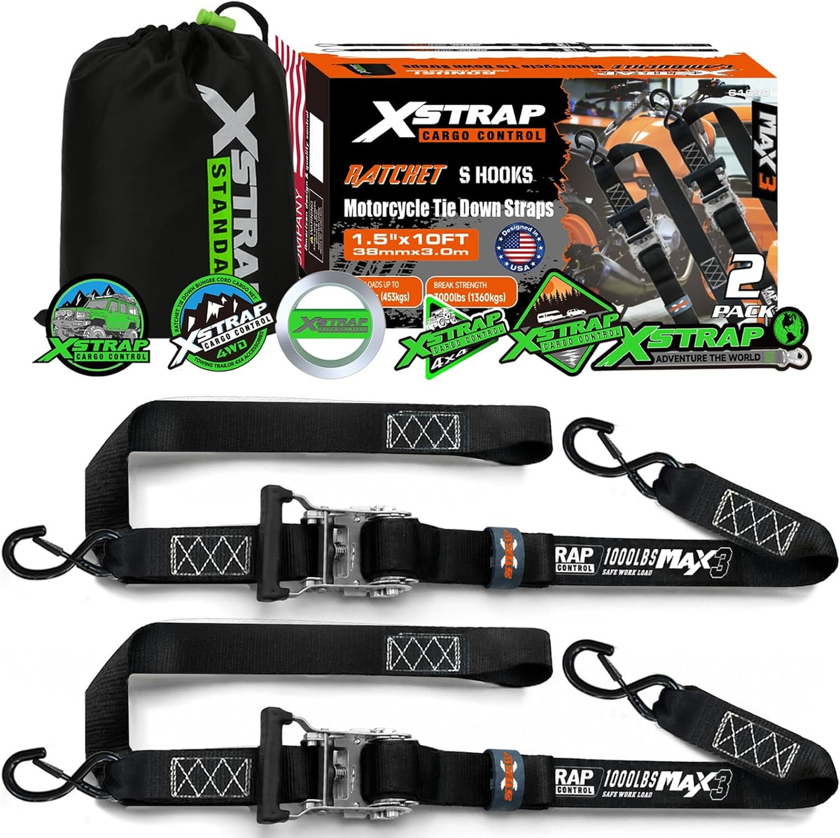XS61698 2-PK Ratchet Tie Down Straps, 1.5" x 10FT Motorcycle Straps 3,000 Lb Break Strength with Integrated Soft Loops & S-Hooks, Black Heavy Duty Cargo Straps for Dirt Bikes, ATV UTV, Trailer