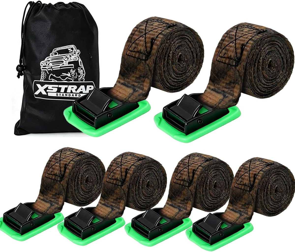 XS16006-Camouflage with pad 6PK 8FT Padded Lashing Straps with Buckles Cargo Tie-Down 1000 lb Break Strength 1-inch Powersports Tie Down with Carry Bag for Securing Luggage Motorcycles Trailer Rack Kayak, Green