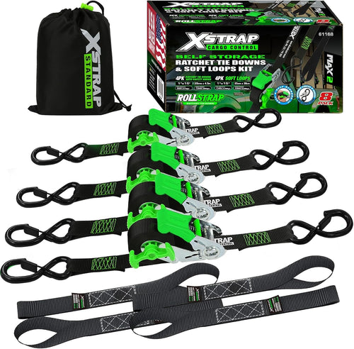 X61168 4-PK 1" x 15ft Self-Storing Ratchet Tie Down Straps, Black 1500 lbs Break Strength Hand Crank Cargo Straps with Soft Loops & Safety S Hooks for Truck Trailer Motorcycle Van ATV UTV