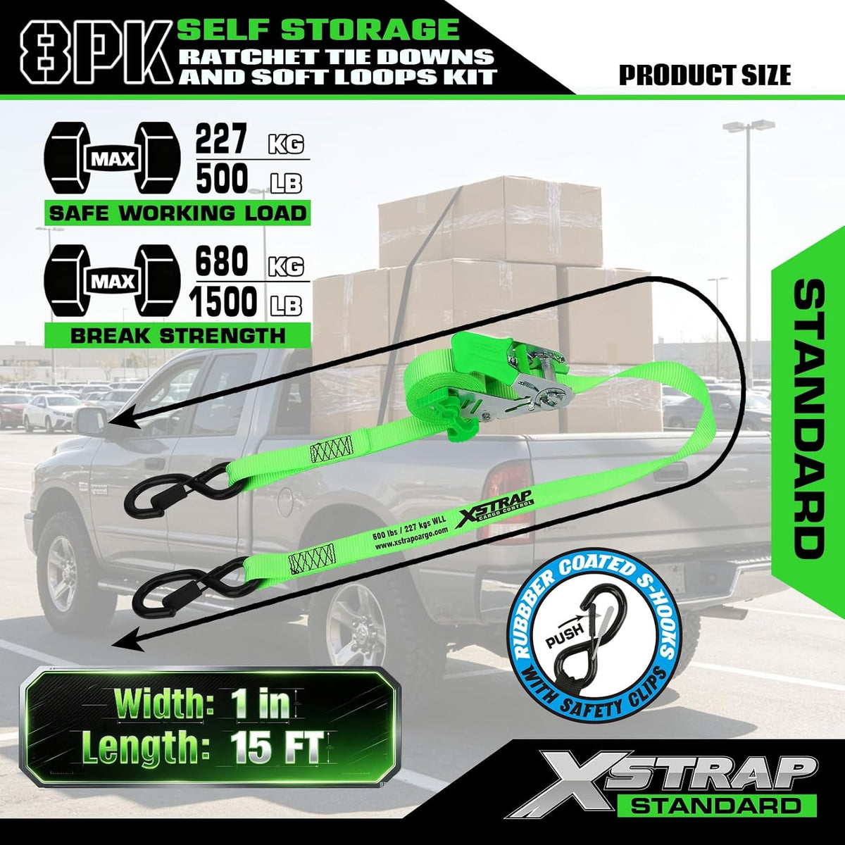 X61169 4-PK 1" x 15ft Self-Storing Ratchet Tie Down Straps, Green 1500 lbs Break Strength Hand Crank Cargo Straps with Soft Loops & Safety S Hooks for Truck Trailer Motorcycle Van ATV UTV