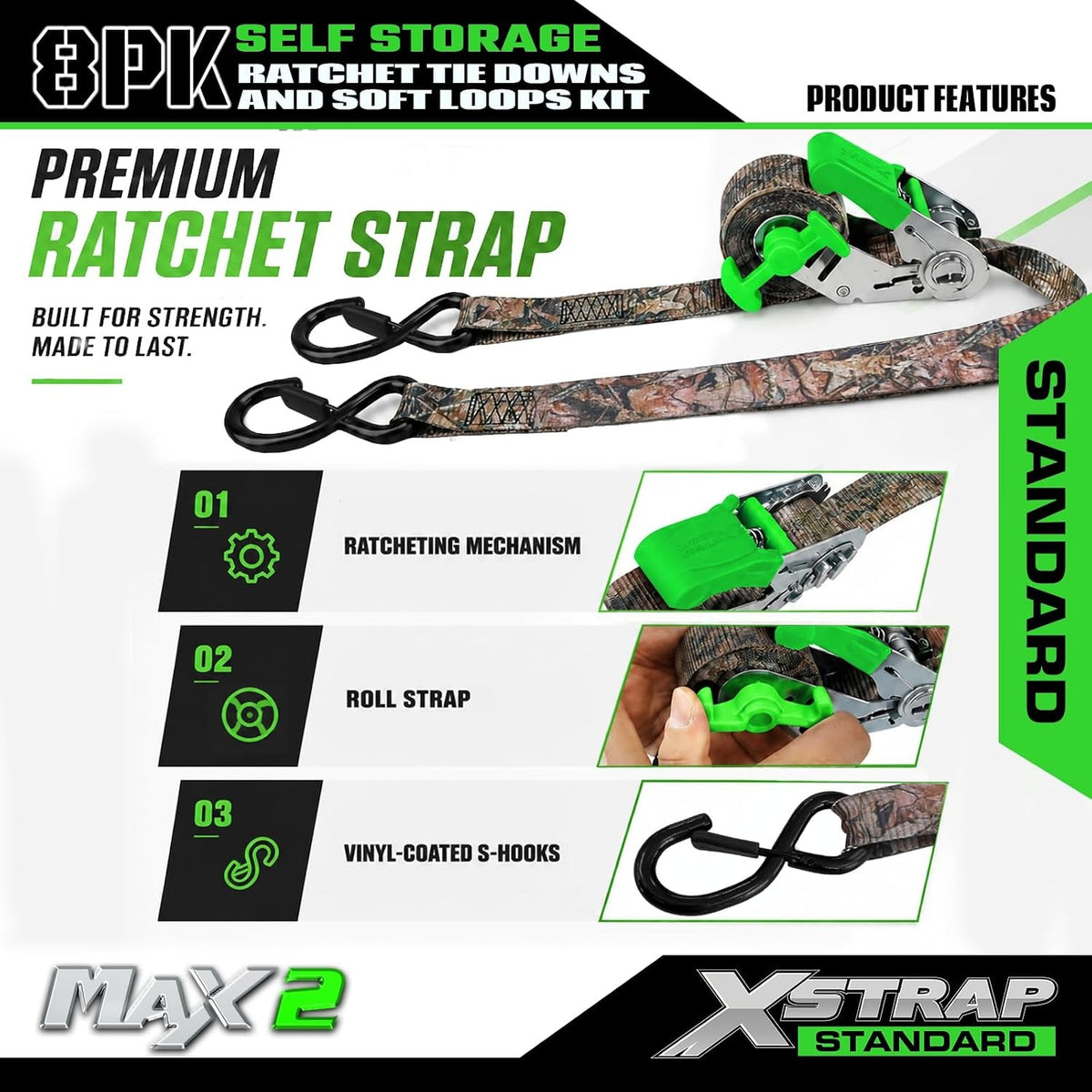X61170 4-Pack 1" x 15ft Self-Storing Ratchet Tie Down Straps, Camo 1500 lbs Break Strength Hand Crank Cargo Straps with Soft Loops & Safety S Hooks for Truck Trailer Motorcycle Van ATV UTV