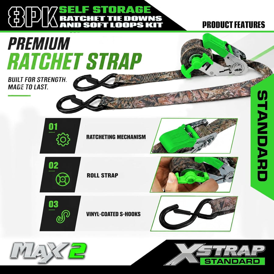 X61170 4-Pack 1" x 15ft Self-Storing Ratchet Tie Down Straps, Camo 1500 lbs Break Strength Hand Crank Cargo Straps with Soft Loops & Safety S Hooks for Truck Trailer Motorcycle Van ATV UTV