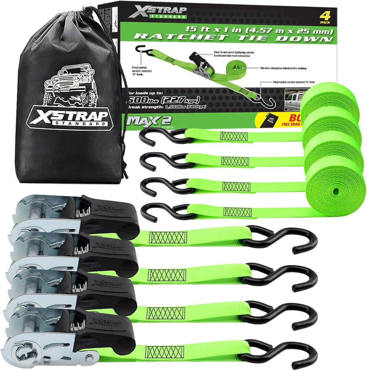 XS16019 4 Pack 1" x 15FT Ratchet Tie Down Straps, Motorcycle Straps, 1500Lbs Break Strength, Abrasion-Resist Webbing with Coated S Hook for Moving Appliances, Lawn Equipment, ATV, Truck, Green