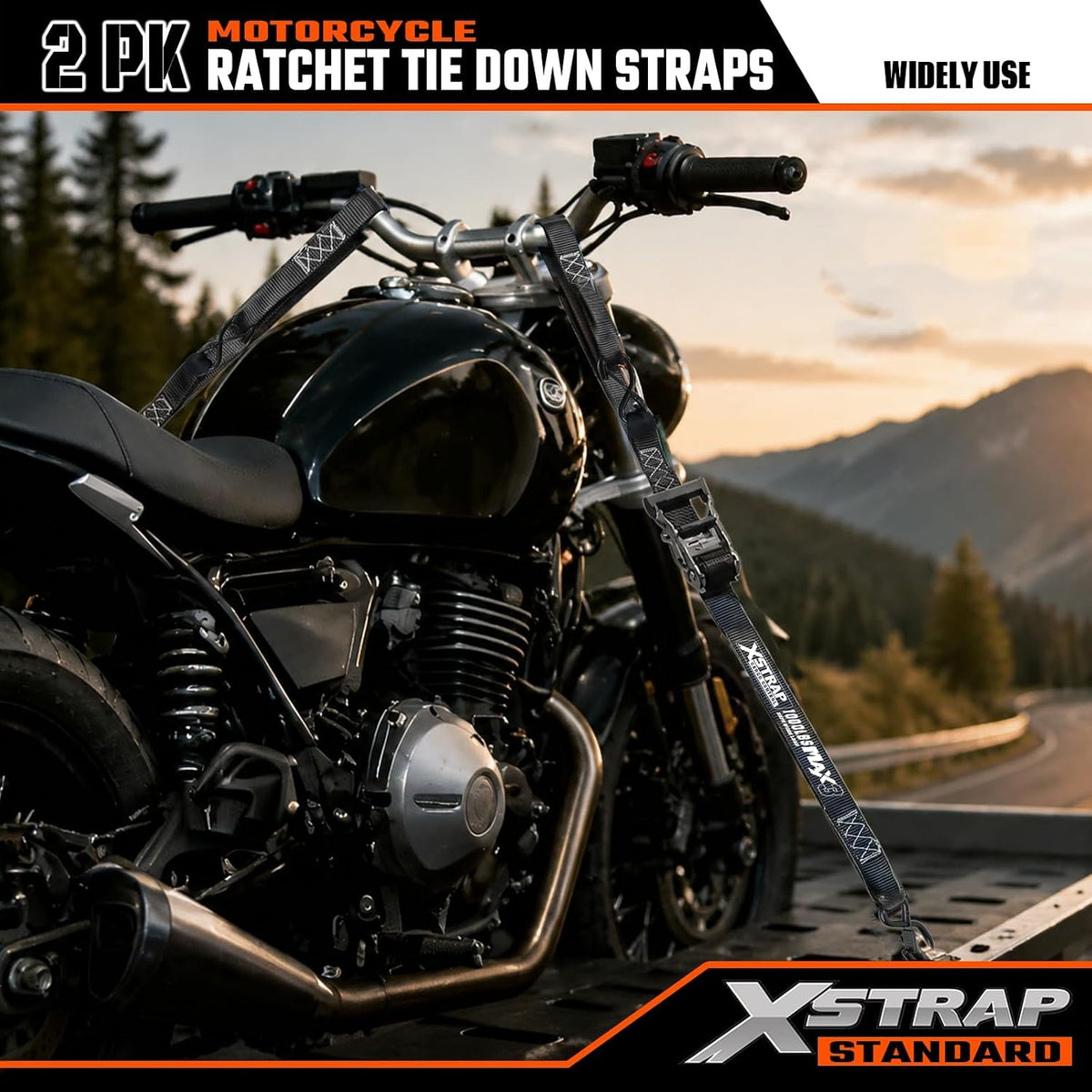 XS61698 2-PK Ratchet Tie Down Straps, 1.5" x 10FT Motorcycle Straps 3,000 Lb Break Strength with Integrated Soft Loops & S-Hooks, Black Heavy Duty Cargo Straps for Dirt Bikes, ATV UTV, Trailer