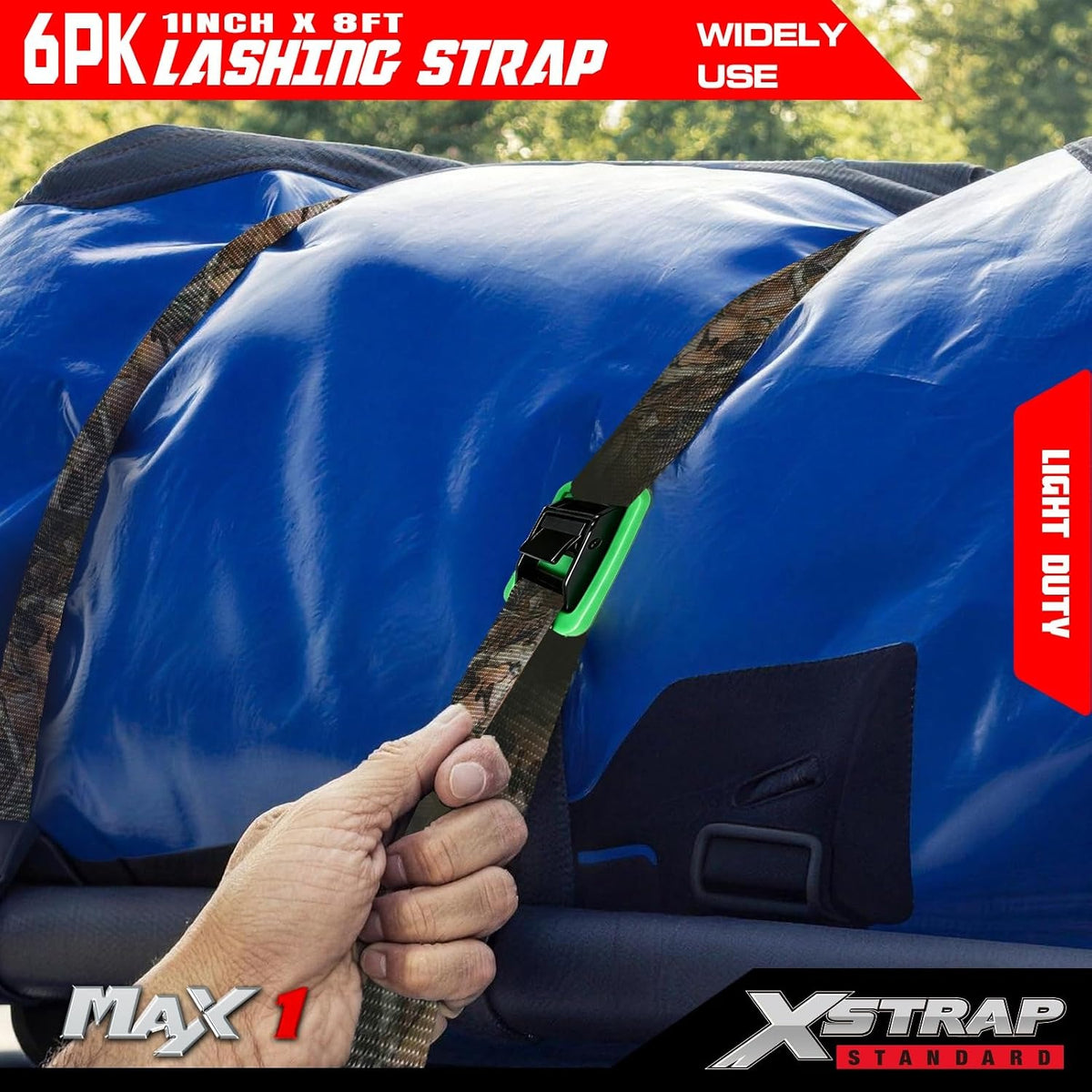XS16006-Camouflage with pad 6PK 8FT Padded Lashing Straps with Buckles Cargo Tie-Down 1000 lb Break Strength 1-inch Powersports Tie Down with Carry Bag for Securing Luggage Motorcycles Trailer Rack Kayak, Green