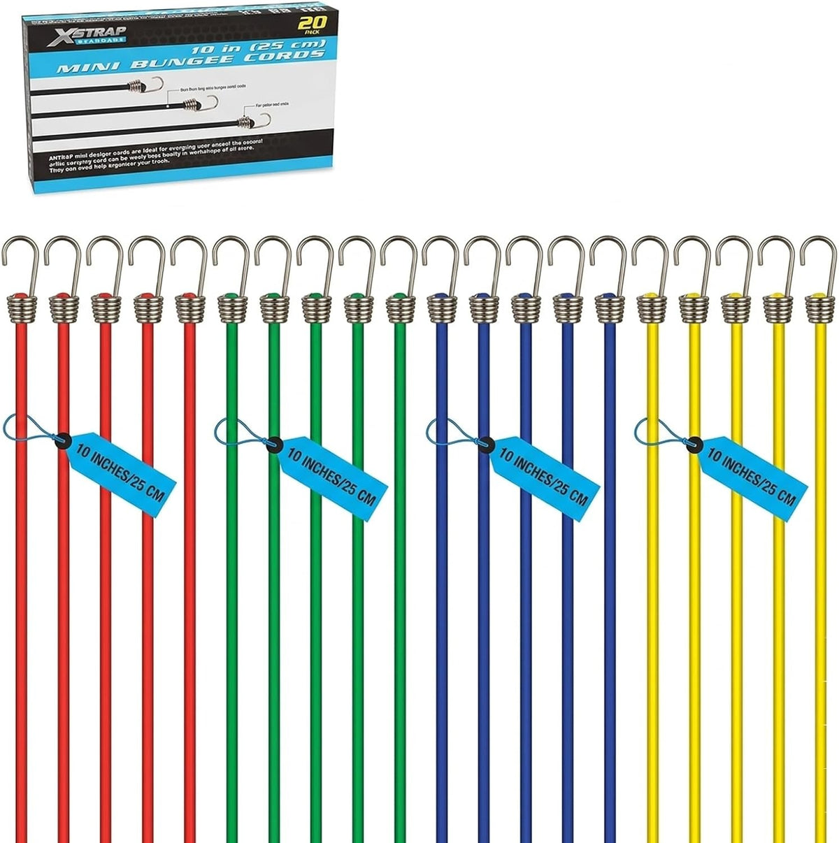 XS16022  10-Inch Mini Bungee Cords with Hook, 20 Pcs Elastic Straps Small Rubber Stretchy Cords for Bikes Camping Tools Tarps Cargo RV Luggage Roof Racks Hang & Christmas Ornaments