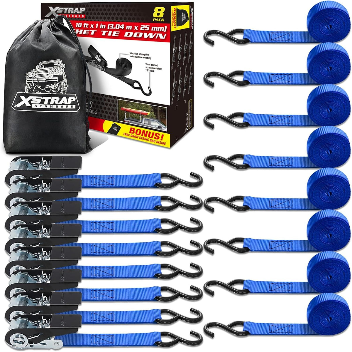XS16044-Blue 8-PK Ratchet Tie Down Straps, 1" x 10ft Cargo Strap, Blue	900 Lbs Break Strength Securing Straps with S-Hook for UTV, ATV, Pickup, Truck, Moving Appliances, Lawn Equipment, Yellow（副本）