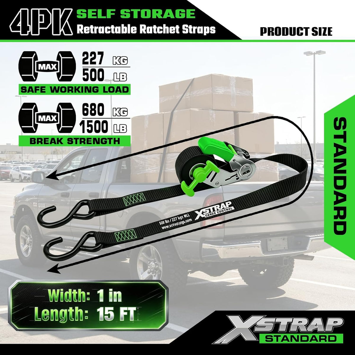 X61165 4-PK 1" x 15ft Self-Storing Ratchet Tie Down Straps, Black 1500 lbs Break Strength Hand Crank Cargo Straps with S Hooks for Truck Trailer Pickups Motorcycle Van ATV UTV