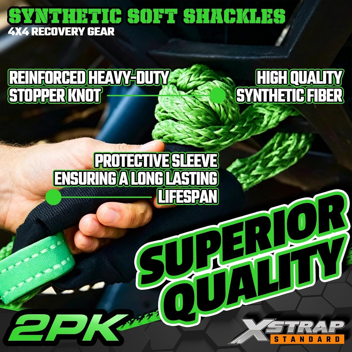 XS16094-Green Soft Shackle 2 Pack - 1/2” x 22” 46000 Lbs Tow Recovery, Synthetic Shackle Rope, Heavy Duty Recovery Gear for Towing, Winch, Jeep, ATV, UTV, Truck, Off-Road (Green)