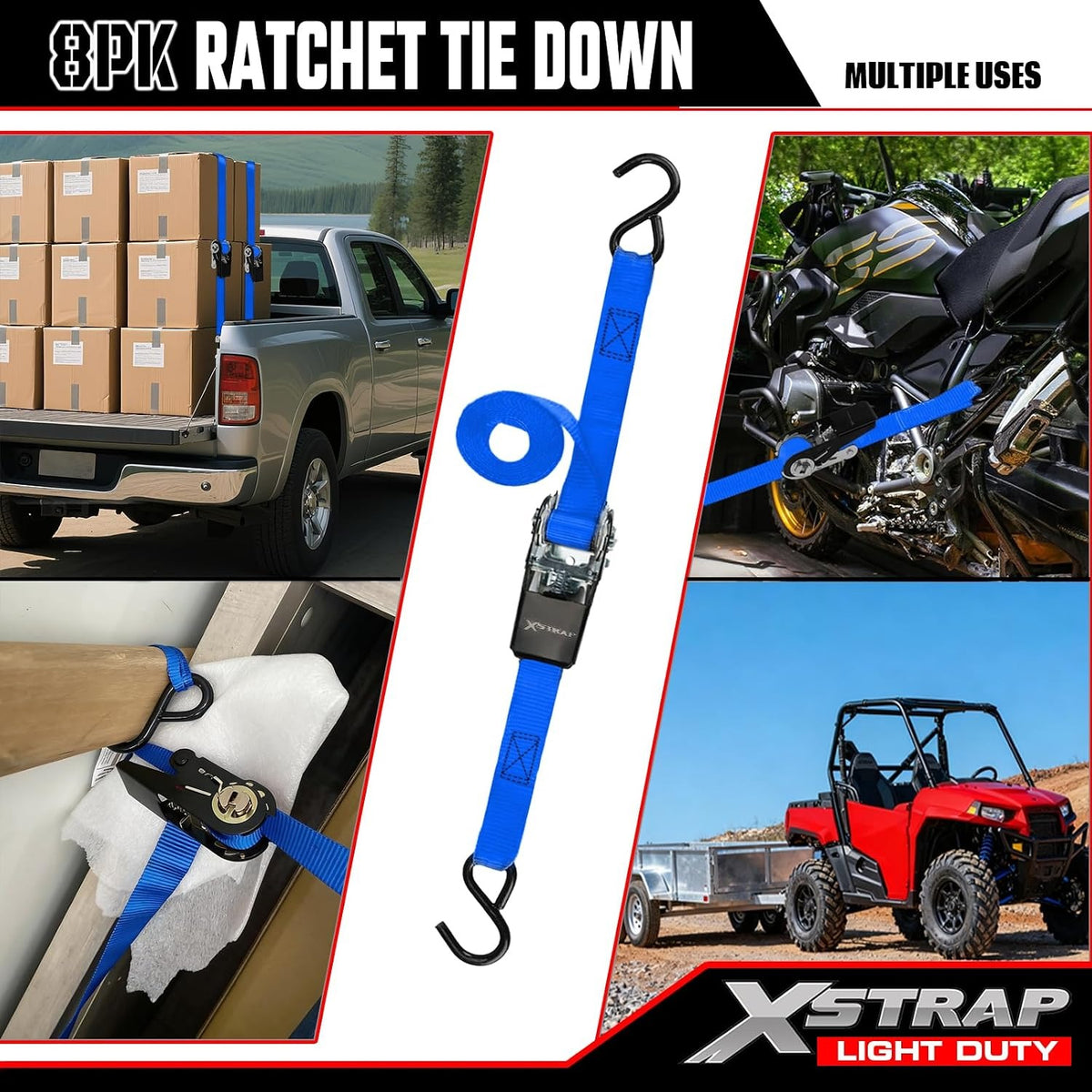 XS16044-Blue 8-PK Ratchet Tie Down Straps, 1" x 10ft Cargo Strap, Blue	900 Lbs Break Strength Securing Straps with S-Hook for UTV, ATV, Pickup, Truck, Moving Appliances, Lawn Equipment, Yellow（副本）
