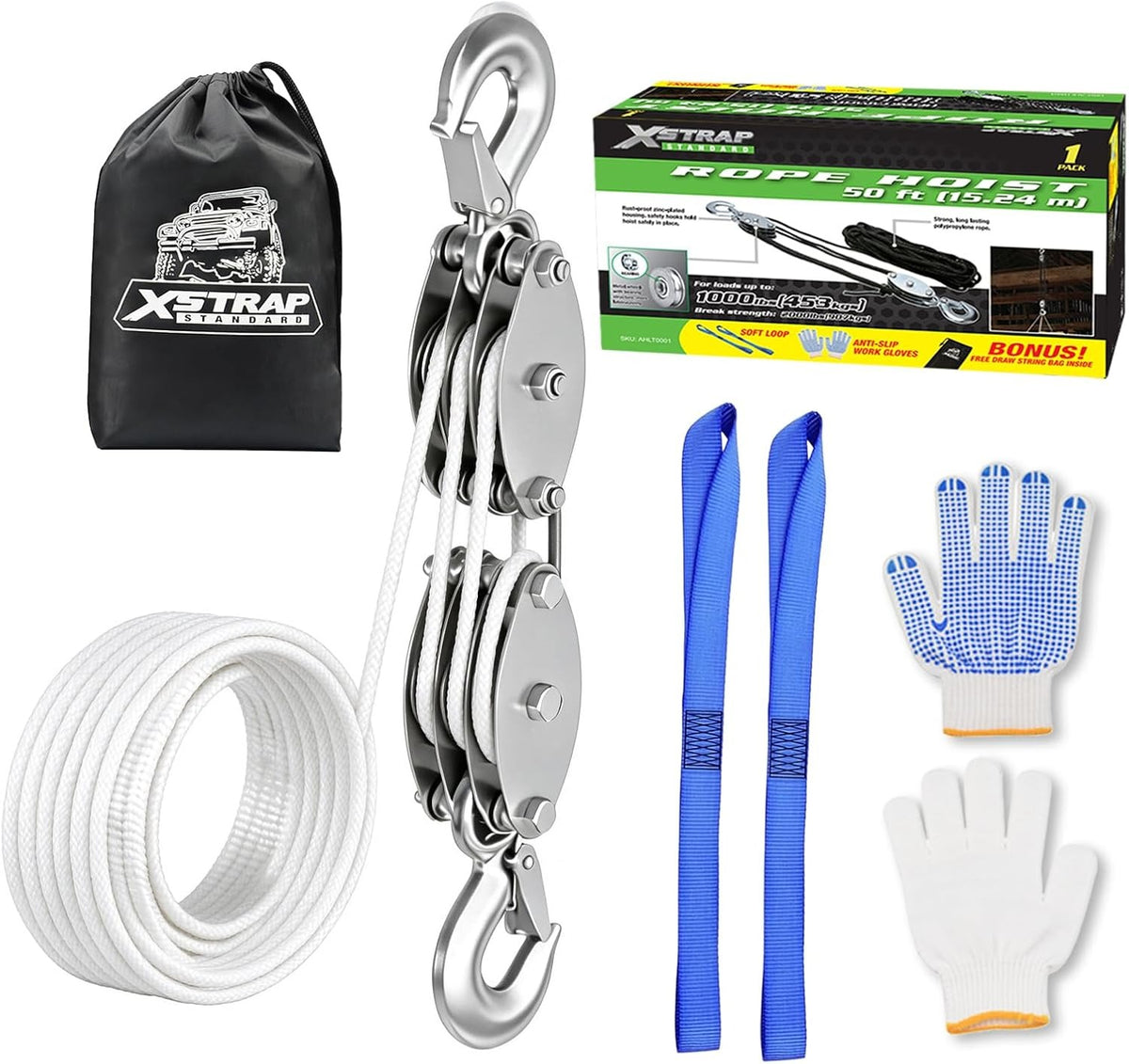 AHLT0001-White Heavy-Duty 50 FT Rope Hoist, 2,000 LB Breaking Strength 1000lbs Work Load, Metal Wheel Bearing Block And Tackle Pulley System for Lifting Heavy Objects, Includes 2 Soft Loops, White