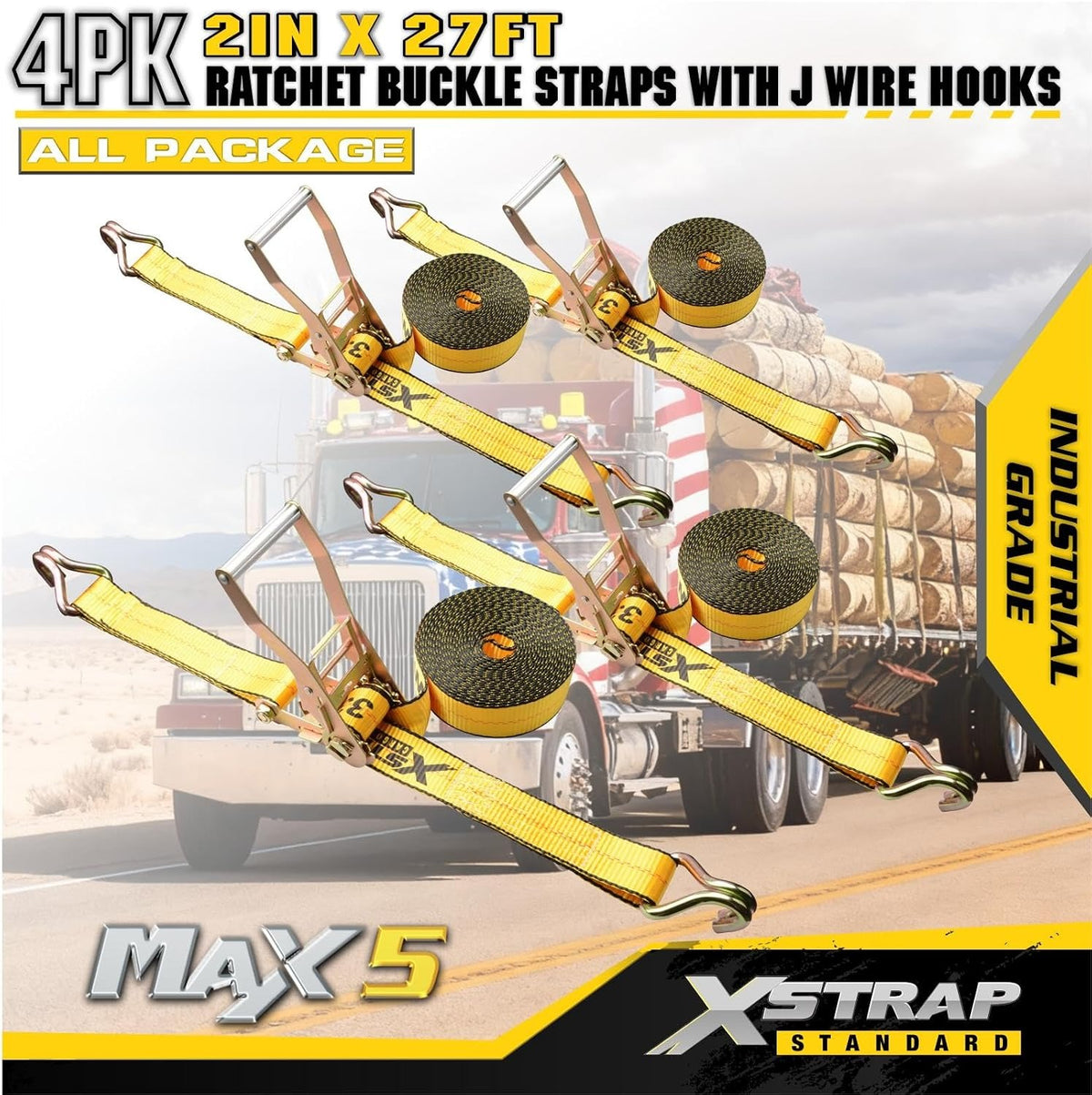 4PK Heavy Duty Ratchet Tie Down Straps 2" x 27' 10,000lbs WIth D J Hooks XS16096