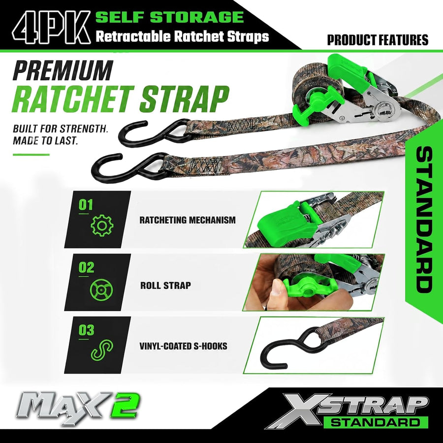 X61167 4-Pack 1" x 15ft Self-Storing Ratchet Tie Down Straps, Camo 1500 lbs Break Strength Hand Crank Cargo Straps with S Hooks for Truck Trailer Pickups Motorcycle Van ATV UTV